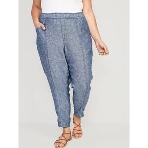 Old Navy Women's Blue Linen Blend Pull on Tapered Pants Pockets‎ Size Large TALL